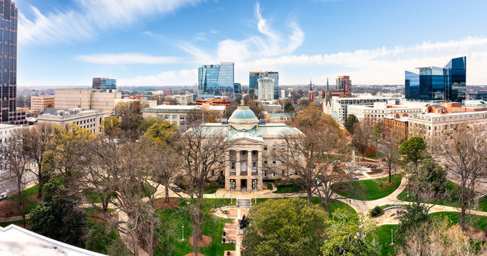 aerial view of the north carolina state capitol and raleigh skyline