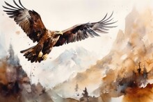 The Majestic Eagles In The Watercolor Painting Soared High Above The Mountains Free And Untethered. Generative AI