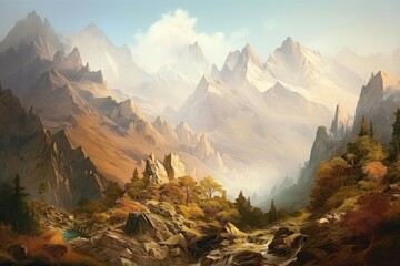 Wall Mural - The majestic mountains in the watercolor painting looked almost regal towering above the landscape. Generative AI