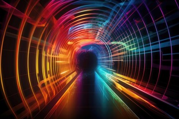 Canvas Print - Background of a multicolored spectrum abstract tunnel. Neon light beams and bright glowing lines were speeding across the night. Generative AI