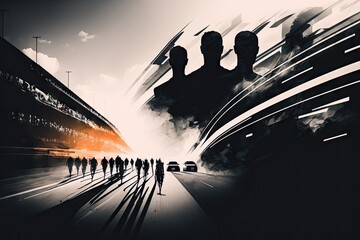 double exposure over racing track with moving silhouettes of people and car, created with generative ai