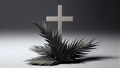 Poster - Wooden cross on a white background with palm leaves. Generative AI