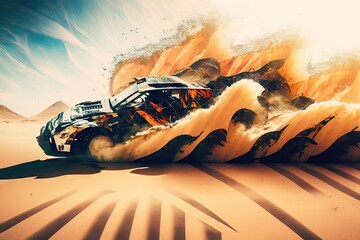 Wall Mural - extreme racing car stunt on sand dune double exposure, created with generative ai