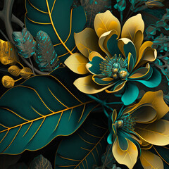 Wall Mural - Teal and goldenfantasy flower Illustration.