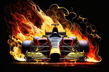 Wall Mural - racing car for speed competition in red yellow with smoke and flames background digital illustration, created with generative ai