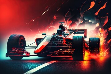 Wall Mural - racing car with red wheels in front lit road racing double exposure, created with generative ai