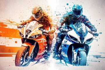 Wall Mural - two motorcycle road racer on racing double exposure background, created with generative ai