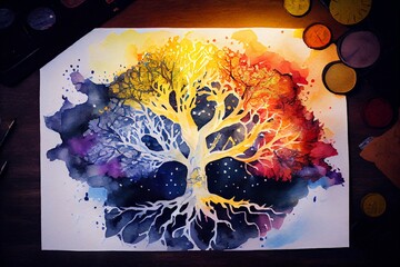 Wall Mural - Watercolor Illustration of a Tree Of Life In The Light, Illustration. Generative AI