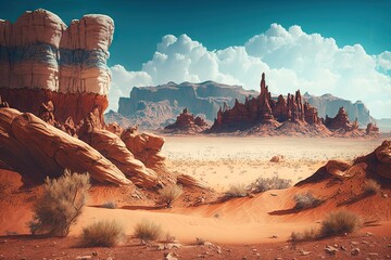 Canvas Print - desert with wide horizon and red rock formations, created with generative ai