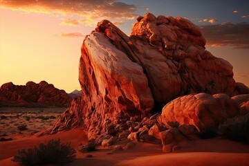 Canvas Print - big sandstone rock with red rock formations at sunset, created with generative ai