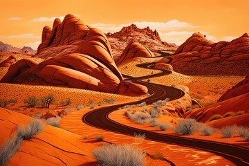 Poster - winding orange trails through red rock formations, created with generative ai