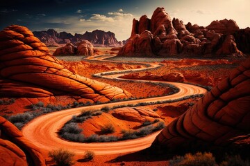 Sticker - winding orange trails through red rock formations, created with generative ai