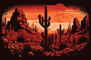 Poster - desert landscape with red rock formations and silhouettes of cacti, created with generative ai