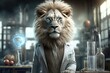lion a scientist in a laboratory