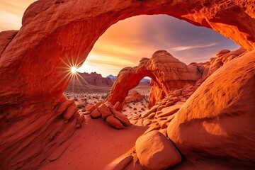 Sticker - natural arch with red rock formations at sunset in desert, created with generative ai