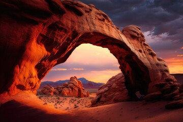 Sticker - natural arch with red rock formations at sunset in desert, created with generative ai