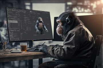 monkey software developer sitting behind computer