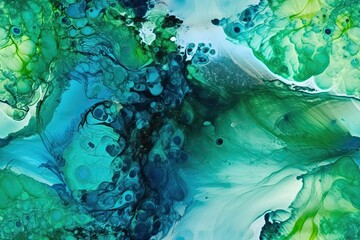 Wall Mural - Blue and green sea water grows in patterns. vibrant turquoise, milky blue, and green waters. phytoplankton in diatoms, seen from above. water with ink. Background is amorphous. Generative AI