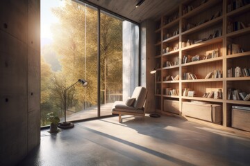 Poster - There is a reading nook near a window with a view of the outdoors, and it is surrounded by a concrete wall with wooden bookcases. Generative AI