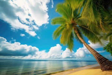 A tropical beach, blue sea, white fluffy clouds, and green leaves of a palm tree serve as the backdrop for a summer vacation. Generative AI