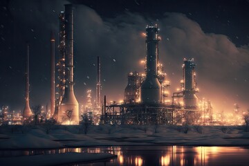 Wall Mural - oil refinery with pipelines for transportation and storage at night in winter, refinery complex, created with generative ai