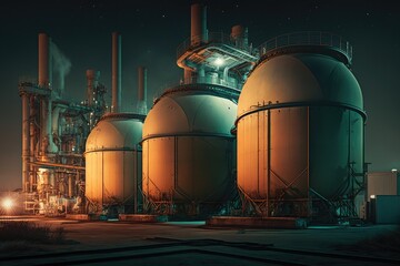 Wall Mural - night shot of oil tanks at refinery complex, created with generative ai