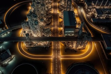 Wall Mural - night view from above of pipelines and petrochemical plant at oil refinery complex, created with generative ai