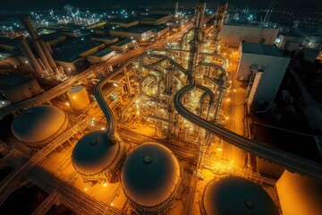 Poster - night view from above of pipelines and petrochemical plant at oil refinery complex, created with generative ai