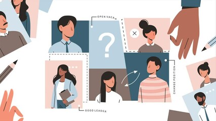 Poster - Searching New Employee. Moving banner with team of colleagues with leader and open vacancy for hiring best job candidate. Recruiting and Human Resource Management. Flat graphic animated cartoon
