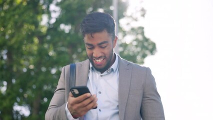 Aufkleber - Phone, success and a winner business man on his morning commute to work in the city celebrating a promotion. Contact, good news and celebration with a male employee cheering a deal, goal or target