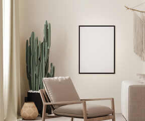 Wall Mural - Mock up poster frame in boho interior background with beige wall, armchair and cactus, 3D render illustration