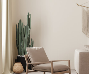 Wall Mural - Empty beige wall mock up in country, boho style interior background with armchair, cactus and macrame, 3d render