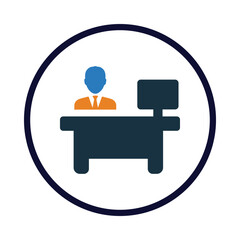 computer, monitor, table, man, receptionist icon