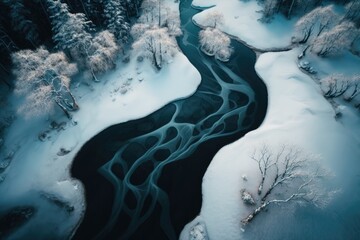 Poster - frozen winter landscape from above with smooth flowing water and snow-covered trees, created with generative ai