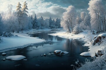 Canvas Print - peaceful landscape with forests and frozen river in ice, created with generative ai