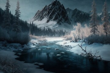 Canvas Print - frozen landscape of mountains and forest on banks of river in ice, created with generative ai