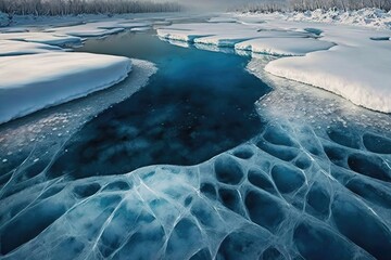 Canvas Print - beautiful clear blue ice surface of river in winter, created with generative ai