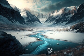 Wall Mural - deep valley in glacier among mountains with ice and snow river in ice, created with generative ai