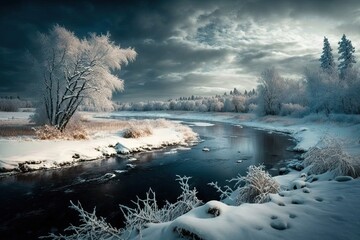 Poster - lonely winter landscape with snow-covered trees and frozen river in ice, created with generative ai