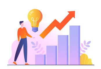 Poster - Business strategy concept. Man with light bulb looks at growing graph. Financial literacy and passive income. Planning and setting goals. Working on startup project. Cartoon flat vector illustration