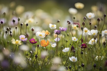 Wall Mural - Multicolor Cosmos flower blooming in spring-summer in the field under sunshine. Selective focus. ai generative.