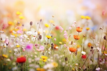 Wall Mural - Multicolored cosmos flowers in meadow in spring summer nature against blue sky. Selective soft focus. ai generative.