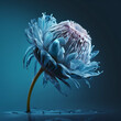 Blue frozen dreamlike flower closeup on dark background. AI generative iced fantasy flower in bloom illustration