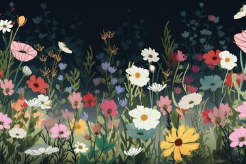 Wall Mural - Close up Background of Multicolored Cosmos Flowers watercolors. ai generative.