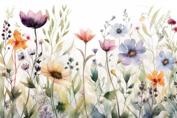 Wall Mural - Close up Background of Multicolored Cosmos Flowers watercolors. ai generative.