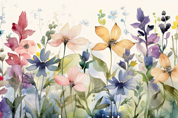 Wall Mural - Close up Background of Multicolored Cosmos Flowers watercolors. ai generative.