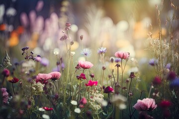 Wall Mural - Multicolored cosmos flowers in meadow in spring summer nature against blue sky. Selective soft focus. ai generative.