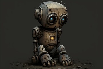 Sticker - somber vintage sad robot with lowered head on dark background, created with generative ai