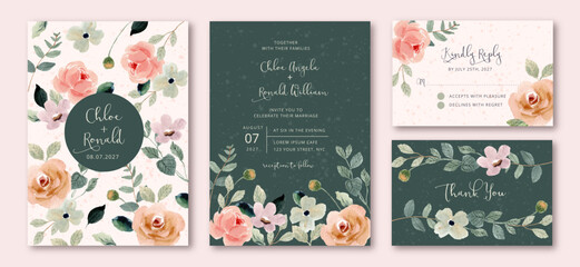 wedding invitation set with delicate floral watercolor frame