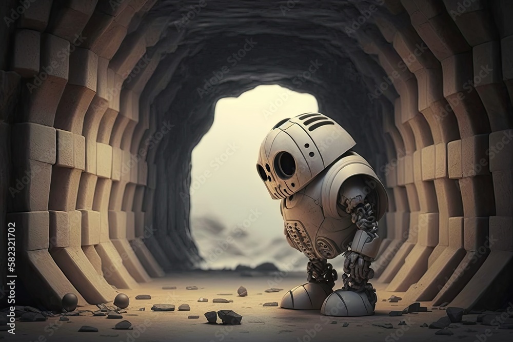 sad robot in futuristic style with shell on end of tunnel, created with generative ai